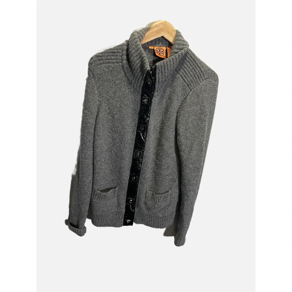Tory Burch Cardigan Womens L Gray Wool Alpaca Leather Trim Logo Snap Knit Sweate